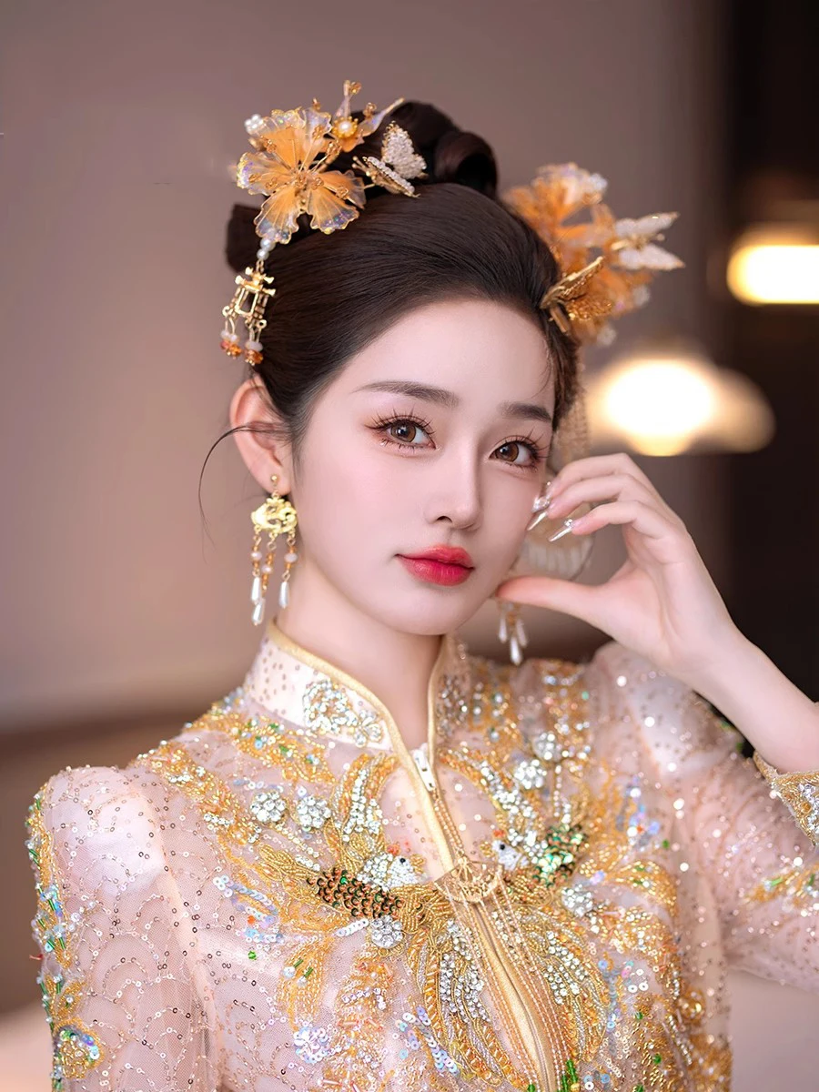 HIMSTORY Chinese-Style Crystal Liquid Flower Hairpin Headdress Traditional Wedding Bride Dragon and Phoenix Hairpin Set