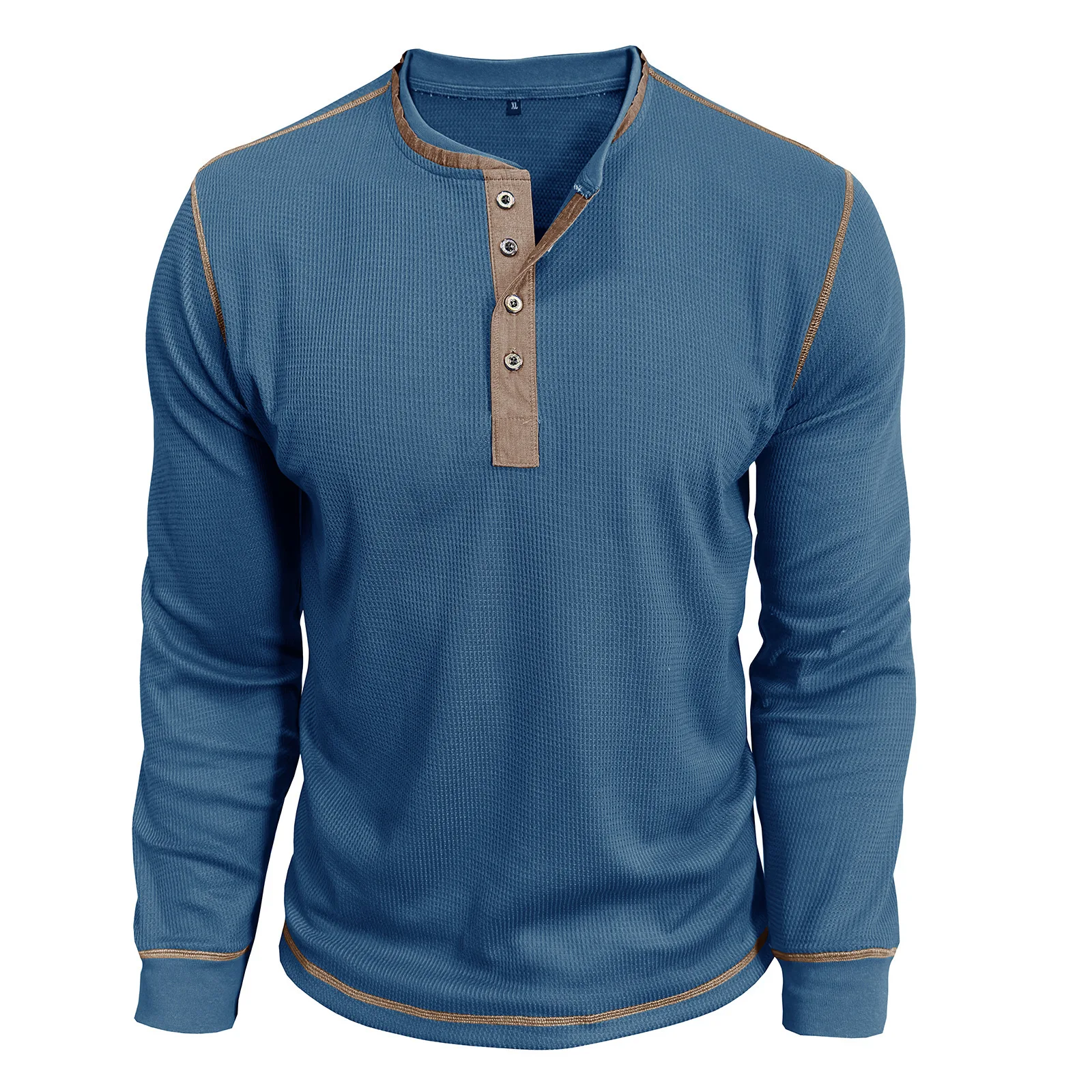 الموضة الأمريكية الأوروبية الرجال الهراء كم طويل س الرقبة واحدة الصدر البلوز هنري طوق فضفاض تي شيرت الذكور الملابس الداخلية #5