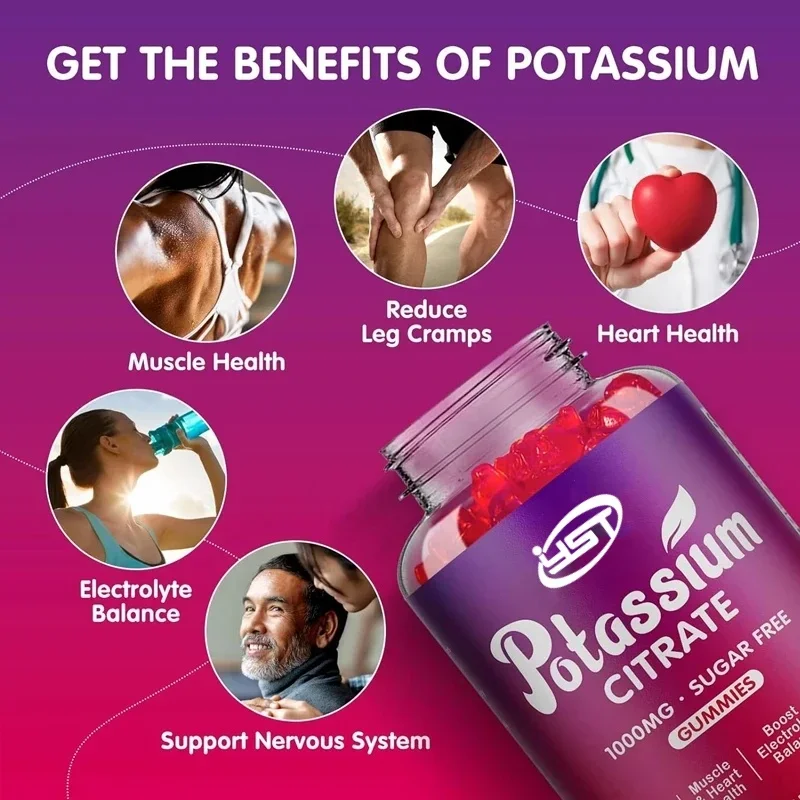 Citrate de potassium 1000 mg de gommes, supplément de potassium pour adultes et hommes, soutient les spasmes des jambes et la santé musculaire, 60 pilules