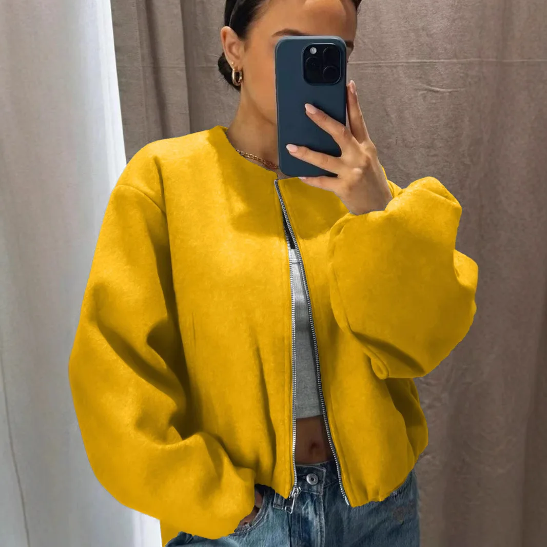 코트 솔리드 지퍼 가디건 여성용 O넥 재킷 긴 소매 스플라이스 포켓 루즈핏 가을 2025 캐주얼 약간의 신축성