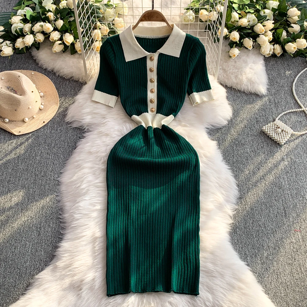 

YuooMuoo Chic Fashion Elegant Turn-down Collar Knitted Sweater Dress Women Short Sleeve Contrast Slim Waist Bodycon Summer Dress