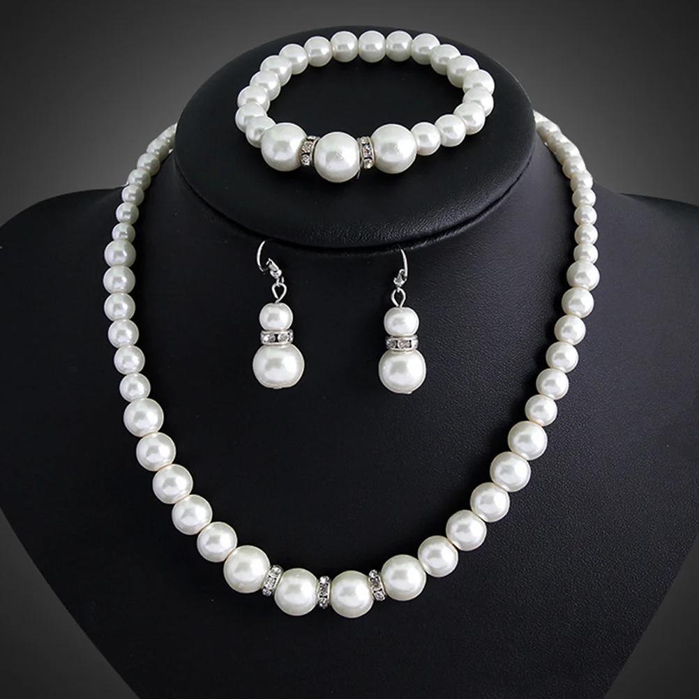 

1Set Pearl Necklace Earring Bracelet Bride Wedding Jewelry Kit Elegant Choker Dangler Bridal Gift Set Wedding Jewelry Kit