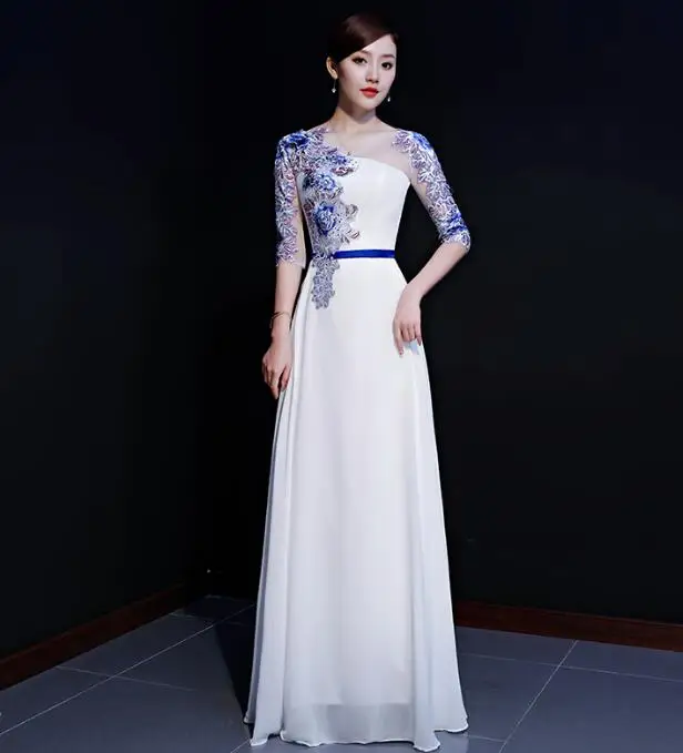 

Women Stage Dress Host Chorus Long Chinese Embroidery Oriental Summer Lace White