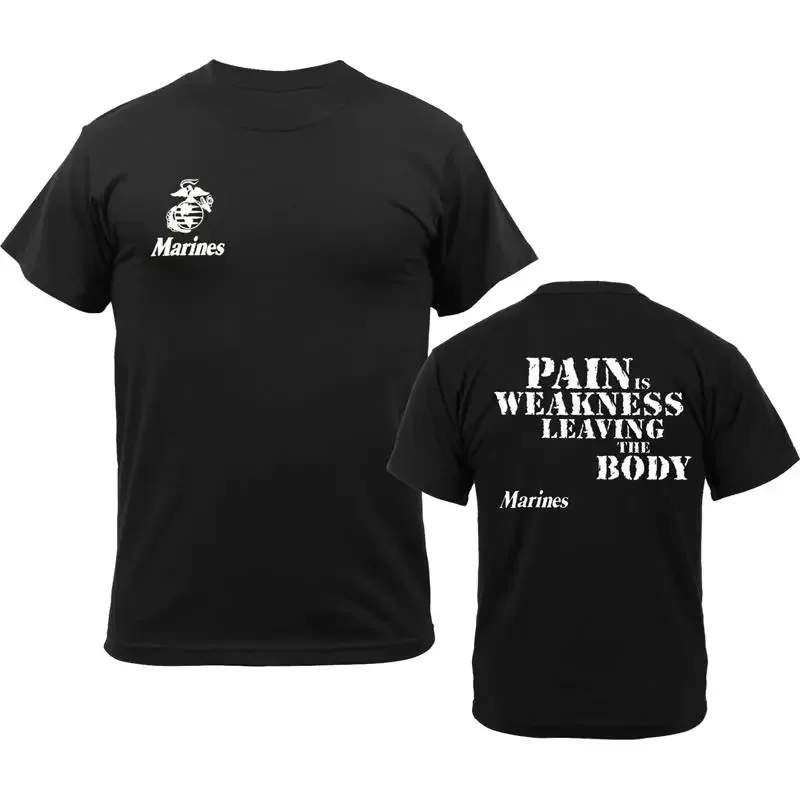 Schwarzes T-Shirt mit Globe Anchor-Logo der US Marines und der Aufschrift „Schmerz ist Schwäche, die den Körper verlässt“.