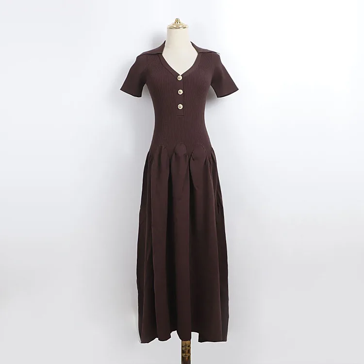 

Французское винтажное вязаное макси-платье для женщин, элегантное, с V-образным вырезом, золотыми пуговицами, коротким рукавом, длинное, лето 2026, женское платье-вестидос