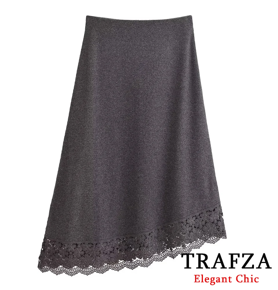 TRAFZA-Falda Midi Temperamental para mujer, falda de encaje asimétrica glamurosa, nueva moda 2024, falda elegante para cita de cena para primavera y otoño