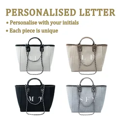 Personalised Initials Beige Handbag Canvas Bag With Chain Women Bucket Bag With Large Capacity For Holiday Shopping Party