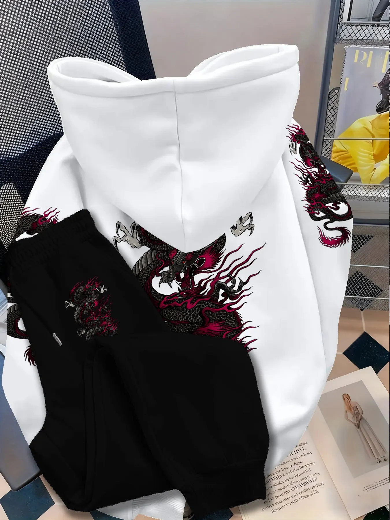 Men's Casual Fashion Suit ChineseStyleDragon PatternHooded Sweatshirt Set Men'sTrendyBrand LooseCasualSports Suit High-End Print