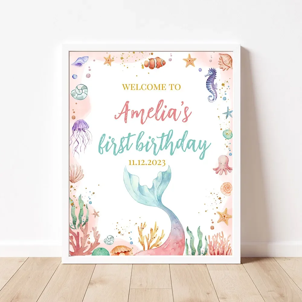 Pastel Mermaid Birthday Welcome Sign Custom Poster Baby Shower Art Print Canvas Painting Baptism Wall Picture Girl Party Decor