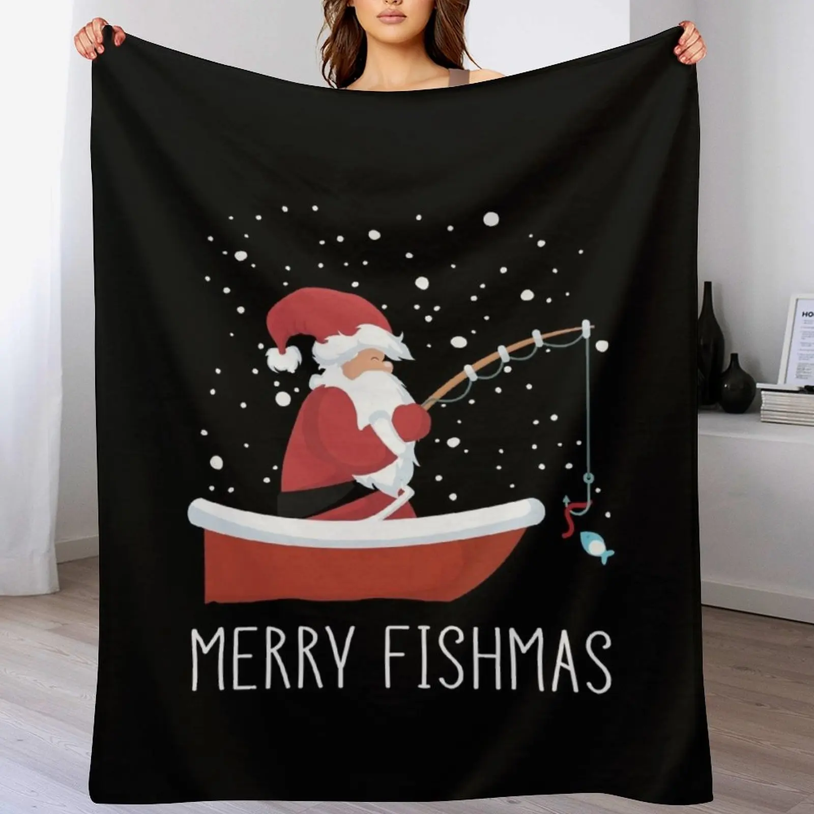 

Merry Fishmas - Funny Santa Claus Fishing Throw Blanket Shaggy Warm Furrys Blankets