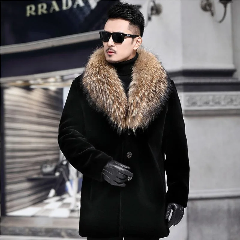 

Mens Faux Fur Casual Slim Fit Thickened Warm Coat Fur Fashionable Autumn and Winter Raccoon Fur Collar