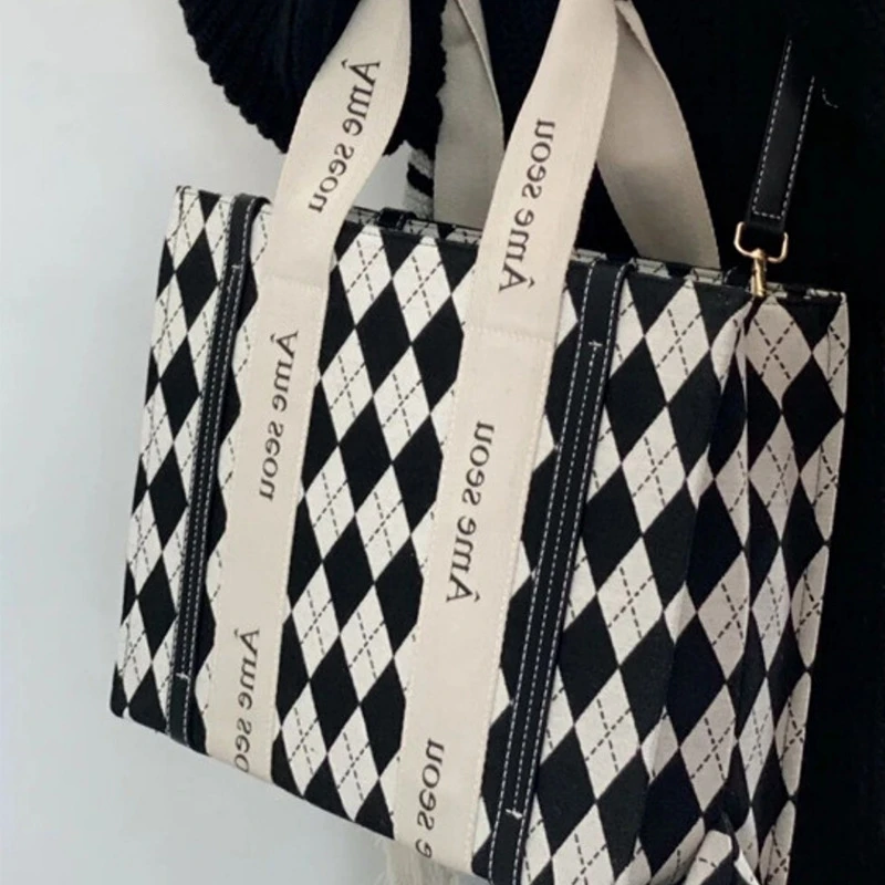 Canvas Tote Shopper Bags for Women Houndstooth Rhombic Lattice Pattern Luxury Fashion Large Capacity OL Work Crossbody Bags