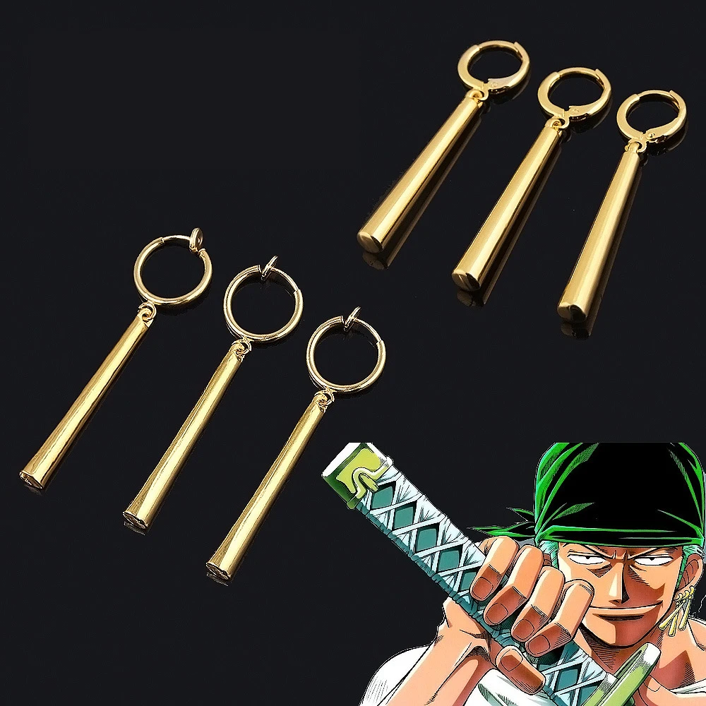 Pendientes colgantes dorados de Anime Roronoa Zoro, Clips para las orejas para Cosplay, joyería para mujeres y hombres