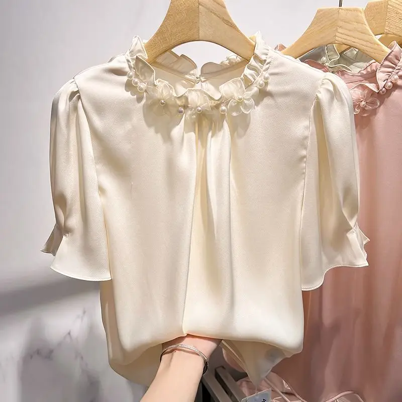 Ruffled Blouses Women Summer Smooth Sweet Embroidered Flares Soft Office Lady Designed Aesthetic Temper Chic Pure New Arrivals