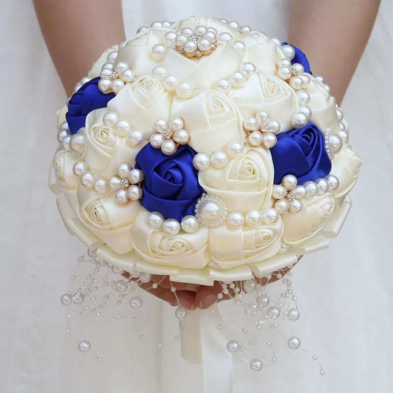 Luxury Ivory & Dusty Pink Satin Rose Bridal Bouquet with Pearls and Rhinestones Wedding Flower Bouquet for Brides