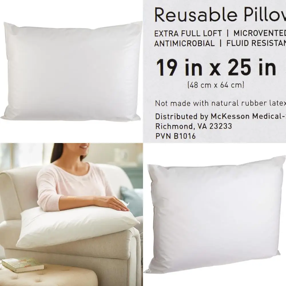 

Reusable Hospital Bed Pillows, 12-Pack, Vinyl Covered, Stain and Moisture Resistant, White, 19 Inch Long
