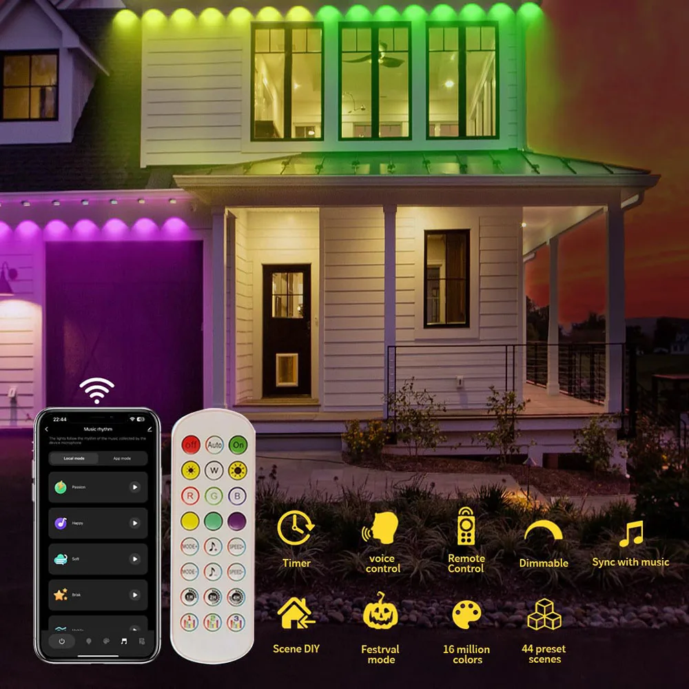 45M Outdoor LED Eave Light String Bluetooth APP RGB IC Light Strip Waterproof DIY Venue View Whole House Party Wedding Light