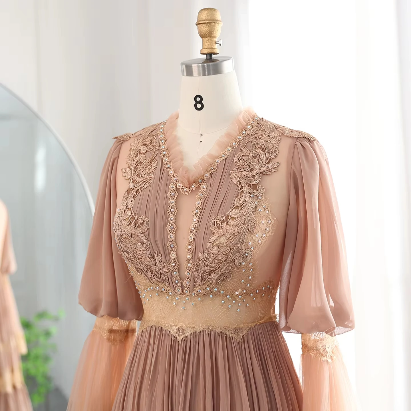 Customized Elegant Peach Lace Muslim Evening Dress Luxury Long Sleeves Arabic Dubai Women Wedding Party Gowns LSZ535 image 3