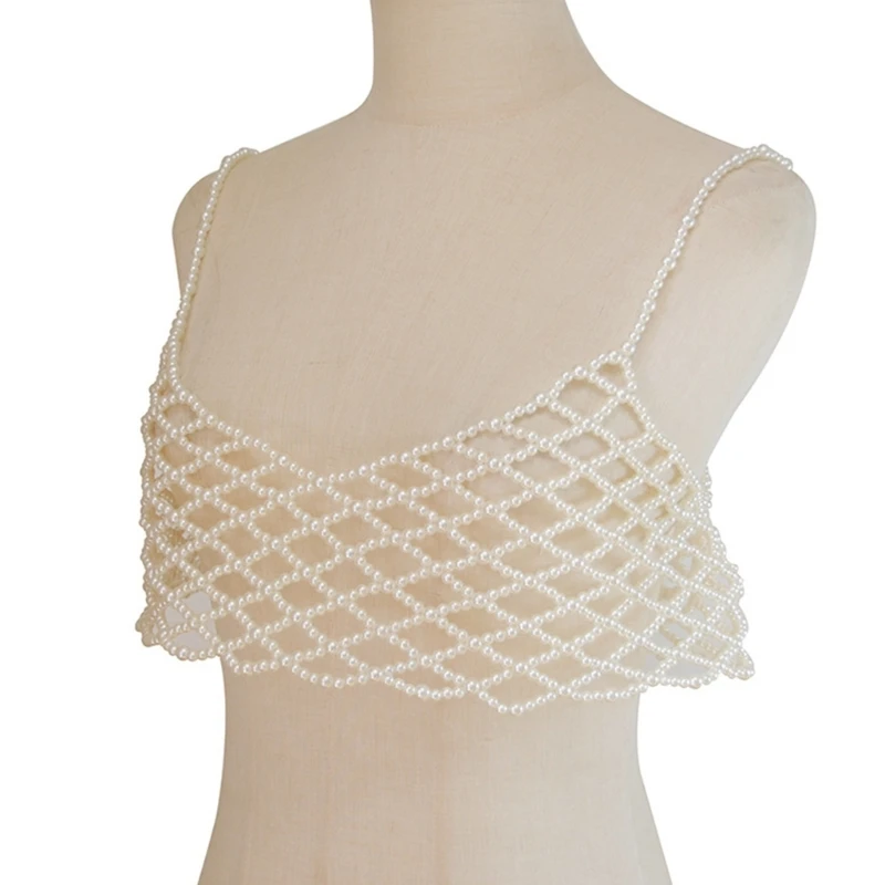 Womens Handwoven Imitation Pearl Body Chain Camisole Hollowed Out Layer Beaded Body Jewelry Mesh Net Crop Top Vests