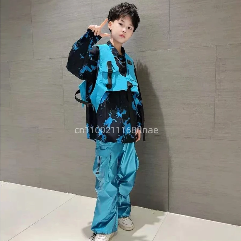 زي أداء الرقص في الشوارع للأطفال، مجموعة سترة صبغ التعادل الزرقاء الهيب هوب للأولاد، زي أداء رقص الجاز للفتيات