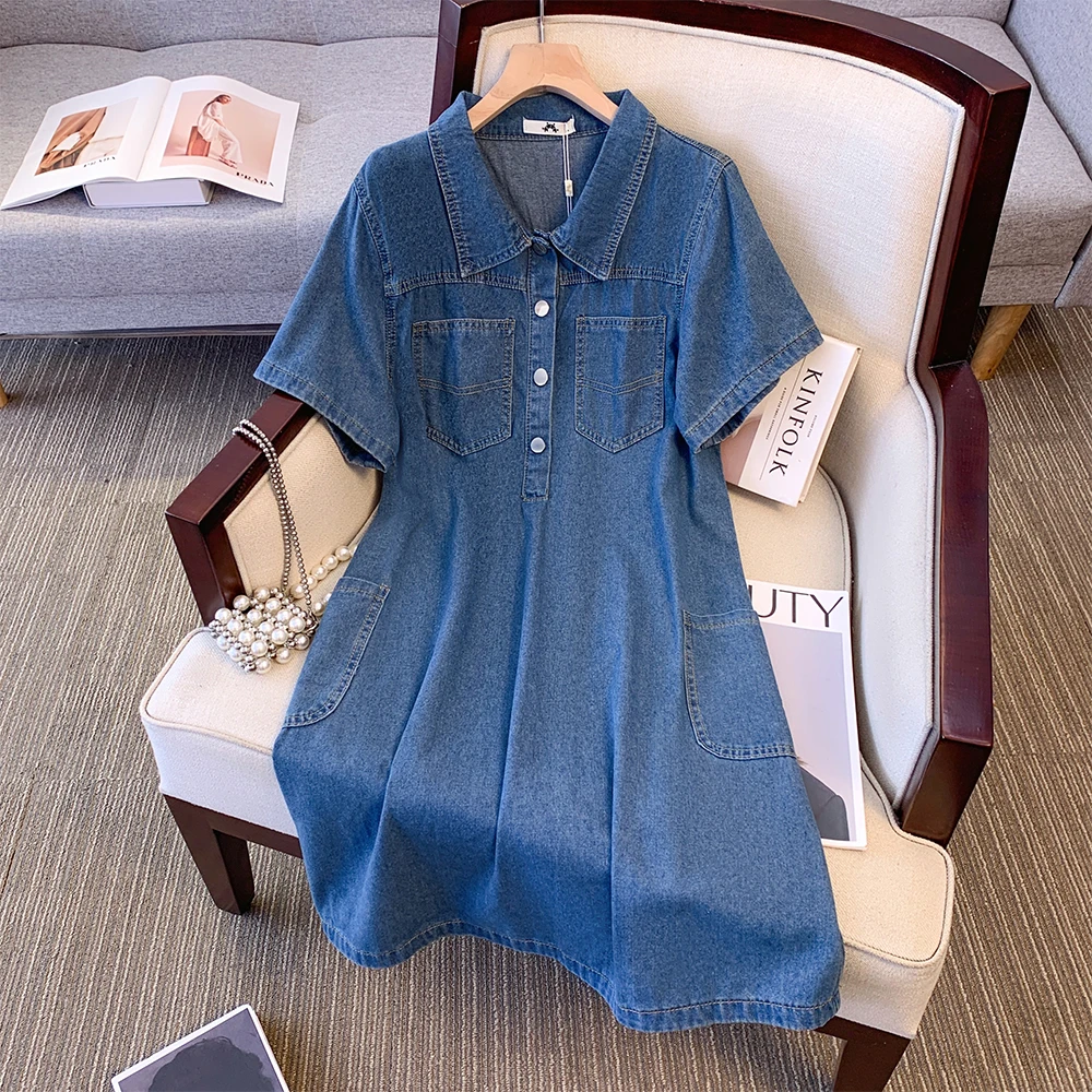 

Summer plus size women's denim dress lapel half-cardigan design multi-pocket commuter knee-length dress loose and comfortable