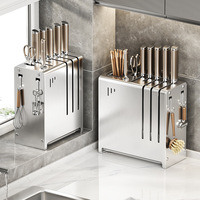 Wall-Mounted Kitchen Storage Rack Stainless Steel No-Punch Knife Holder,Can Hold 5 Knives, with Drain Tray for Storage Cutlery