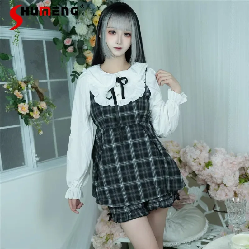 Japanese Rojita Original New Mine Series Mass-produced Plaid Long-sleeved Dress Shorts Sweet Suit Two Pieces Outfits For Women