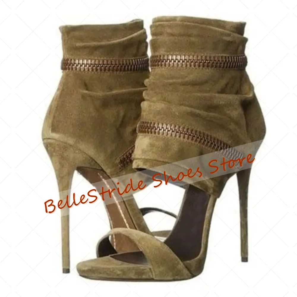 Army Green Zipper Decor Side Zipper Sandals Open Toe Women Shoes Thin High Heels Party Banquet Dating 2025 Zapatos Para Mujere - Image 4