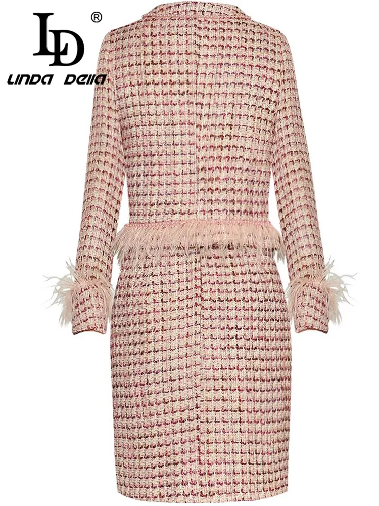 LD LINDA DELLA Women's Commuter Suit Long Sleeved Soft feathers Single-breasted Tops+Slim skirt Pink Plaid 2 piece Set