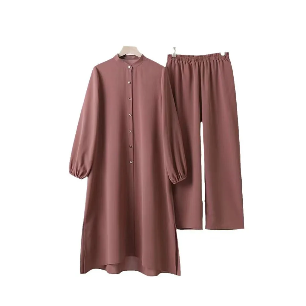 Muslim Dress for Women Blouse 2 Piece Set Long Sleeve Abaya Shirt Wide Leg Pant Suits Arabic Dubai Dresses Musulman Ensembles