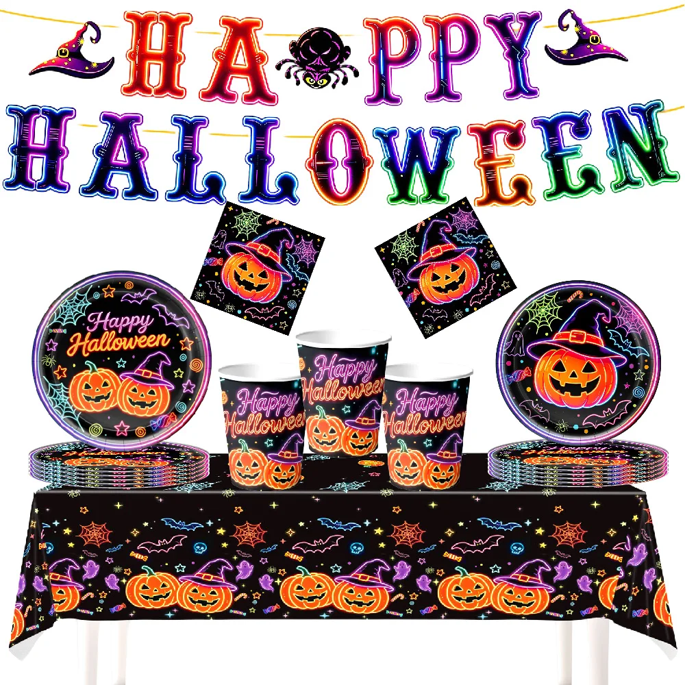 Neon-Kürbis Einweg-Tischgeschirr-Set Halloween Pappteller Becher Servietten Tischdecke Festliche Tischdekoration