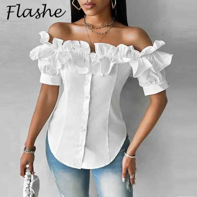 

Summer Sexy Off Shoulder Shirt Blouse Women Fashion Solid Ruffles Patchwork Short Sleeve Shirts For Women Office Tops White