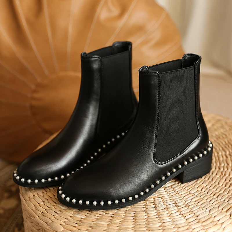 Autumn and winter Women ankle boots natural leather plus size 22-26.5CM cowhide upper full leather pearl chain Chelsea boots