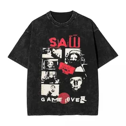 Washed T Shirt Vintage Saw Jigsaw Game Hip Hop Vintage T-Shirt Oversize Horror Movie Billy Streetwear Cotton Tops Tees Men Women