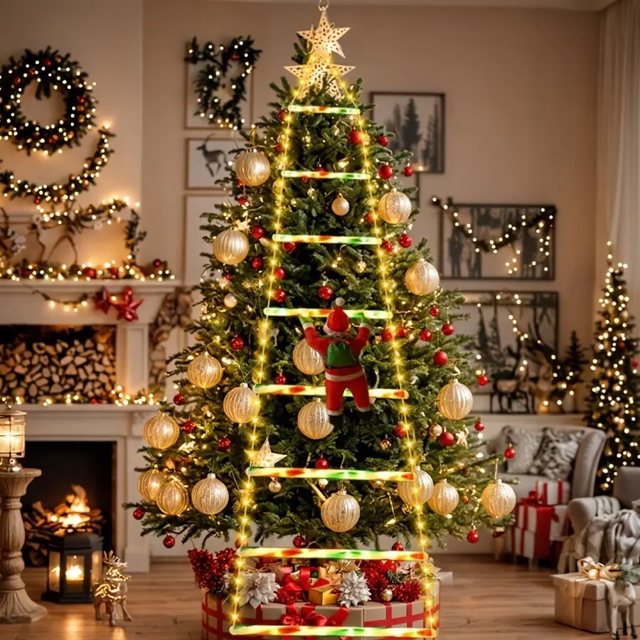 Christmas Ladder Lights Santa Claus-themed 8 Modes Warm/Colorful LED Lights Indoor/Outdoor Home Wall Window Xmas Tree Decoration