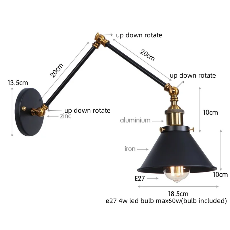 IWHD Industrial Loft LED Wall Lights Fixtures Interior Home Decor Bedroom Bedside Lamp Black Vintage Long Swing Arm Mirror Light