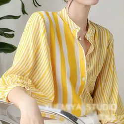 Round Neck Korean Striped Printing Loose Women's Shirt 2023 Summer New Fashion Female Clothing 3/4 Sleeve Single-breasted Blouse