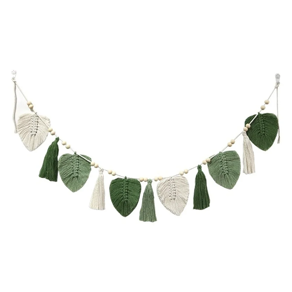 Hand Woven Cotton Tapestry Green Leaf Pattern Wall Hanging For Living Room Bedroom Bohemian Home Decor