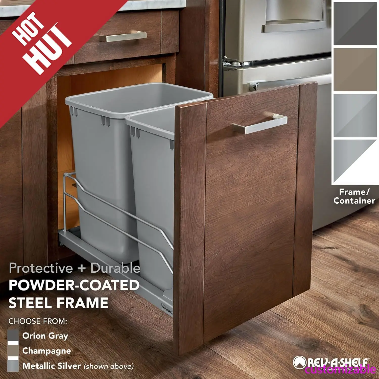 

Double Pullout Trash Cans for Full Height Kitchen Cabinets 50 Quart 12.5 Gallon with Soft-Close Slides, Metallic Silver