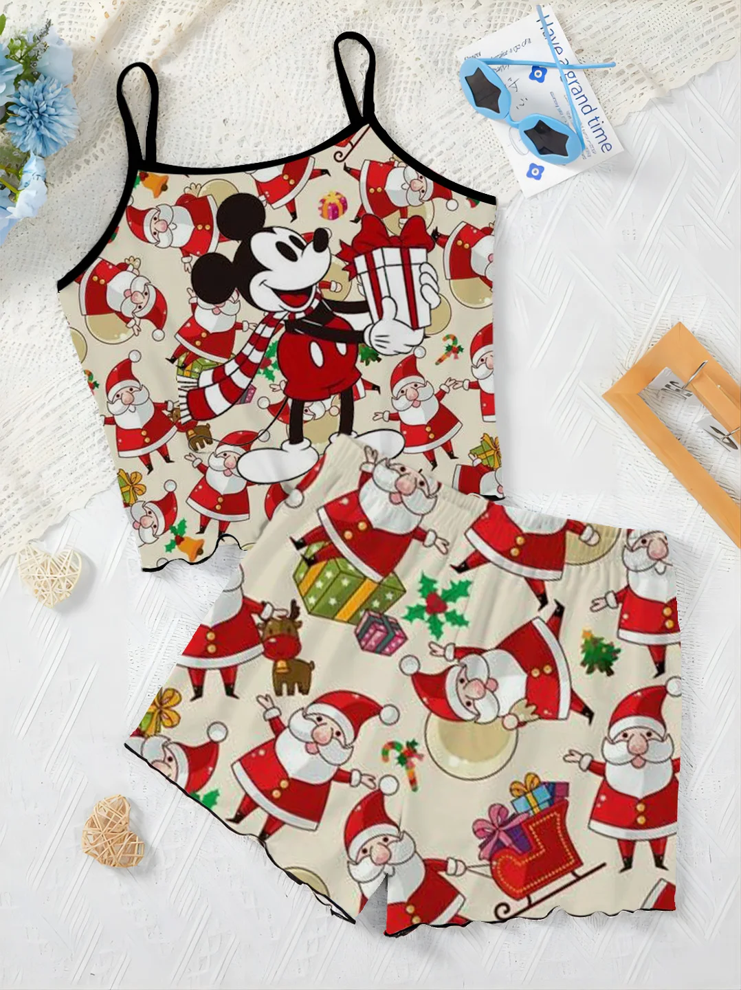 Pajama Skirt Top Women's Suit Home Dress Christmas Disney Minnie Mouse T-shirt Short Sets Mickey Lettuce Trim Pieces Elegant Top