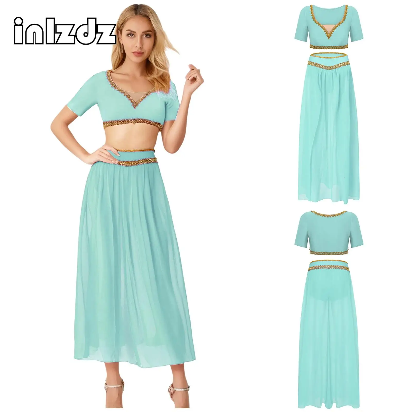 

Women Arab Princess Halloween Cosplay Costume India Belly Dance Outfit Short Sleeve Crop Top+Slit Chiffon Long Skirt 2-piece Set