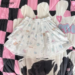 Cartoon Print Sweet Lolita Cake Skirt Women Harajuku Y2k Lace Ruffle Pleated Mini Skirts Japanese Cute Elastic Waist Short Skirt