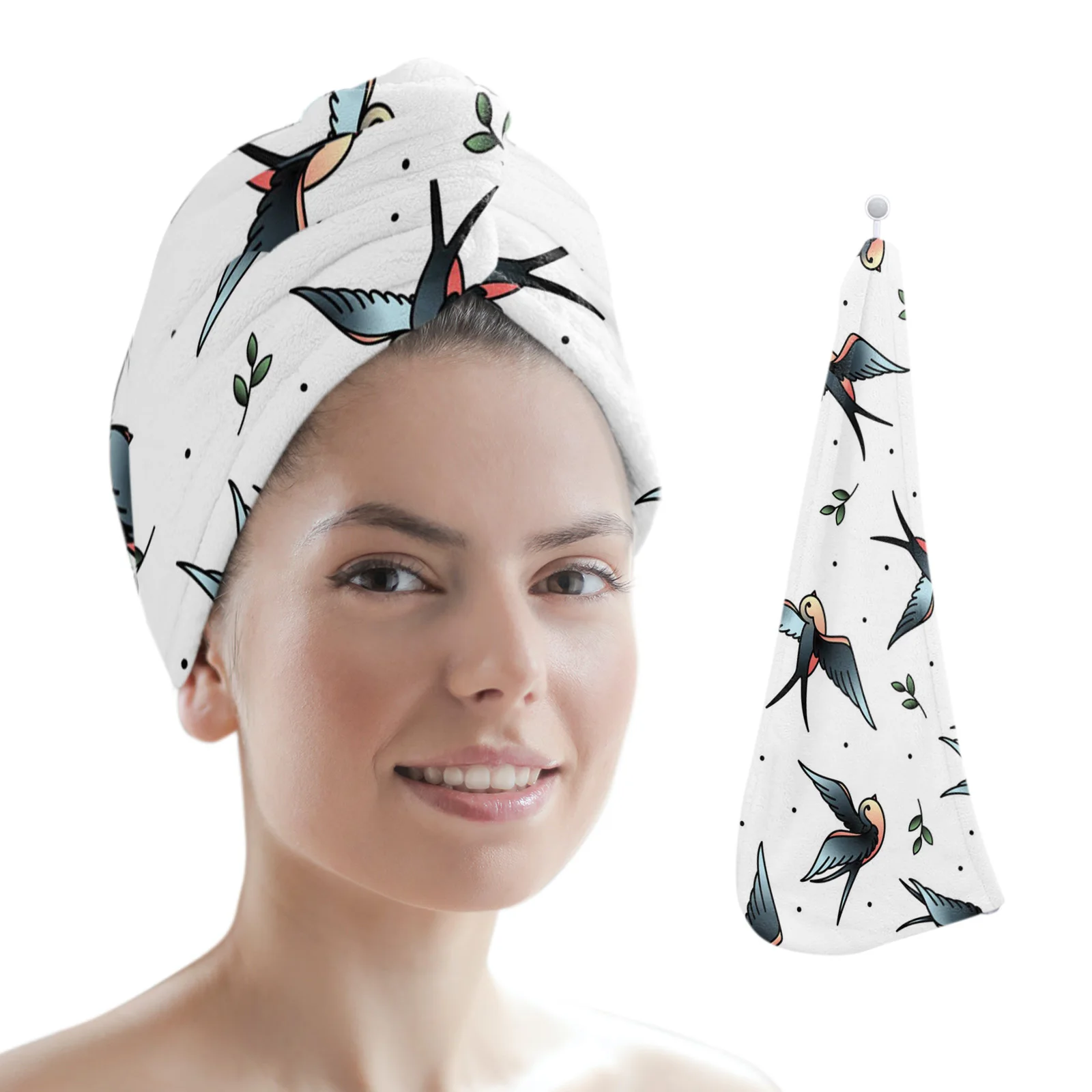 Animal Swallow Branches Leaves Dry Hair Towel Quick-Dry Microfiber Hair Towel Home Bathroom Turbans for Women