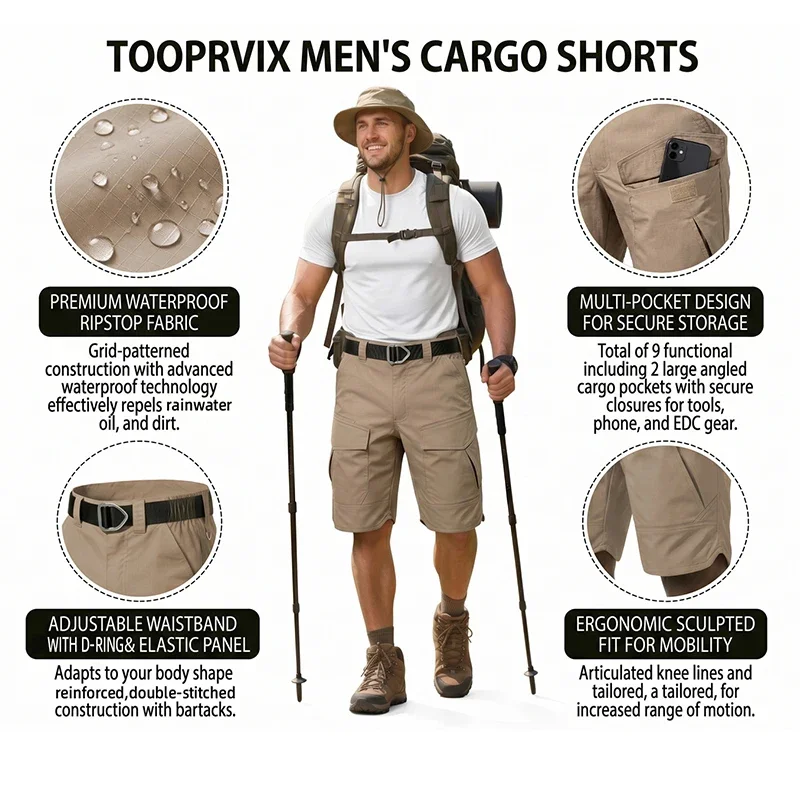 Men's Tactical Cargo Work Shorts Waterproof Rip-Stop 3D Cutting Multi-Pocket Outdoor Camping Hiking Combat Shorts