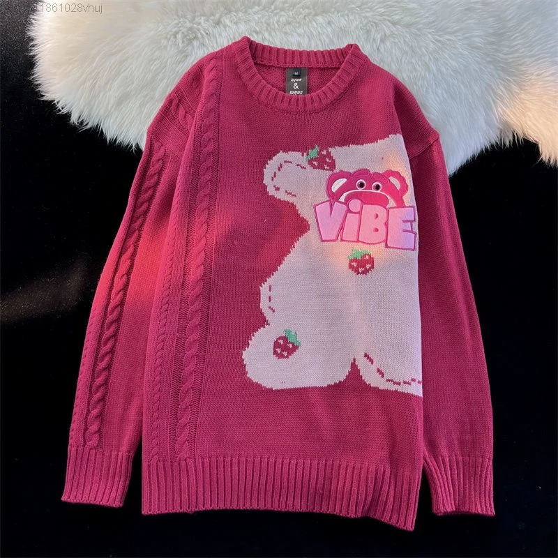 Disney Lotso Kawaii Knit Sweater Women\'s New Korean Stylish Long Sleeve Black Knitwear Top Y 2k Girls Harajuku Cyber Y2k Clothes