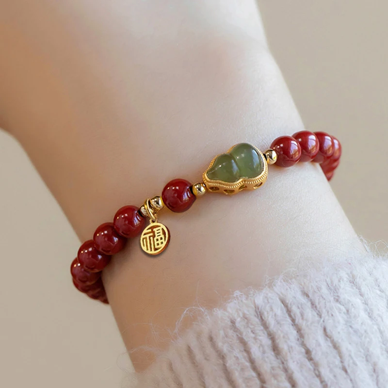 Exquisite Sweet Lucky Ping Buckle Imitation Jade Beaded Bracelets For Women Girls Elegant Cinnabar Gourd Jewelry Accessories