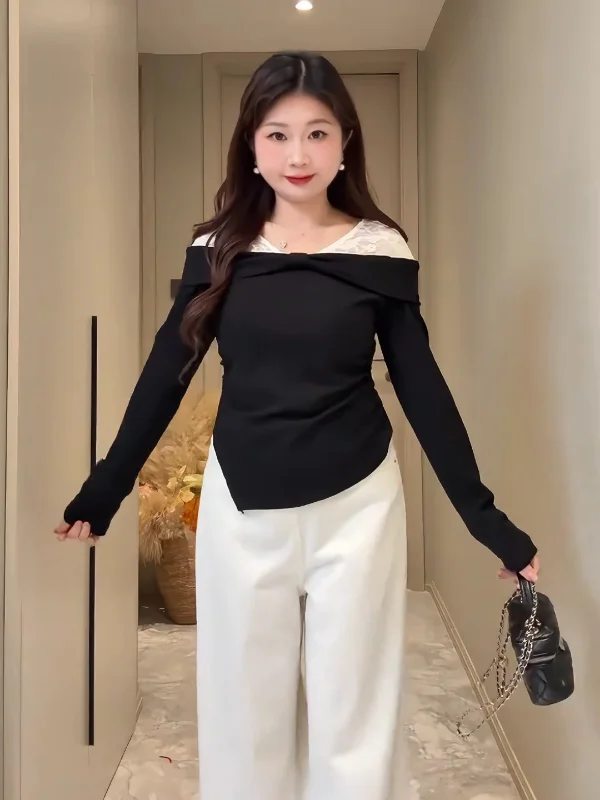 

plus Size Korean Sle Pure Desire Lace Splice Long Sve T-irt Women's Autumn Winter Slim Fit Base irt Top