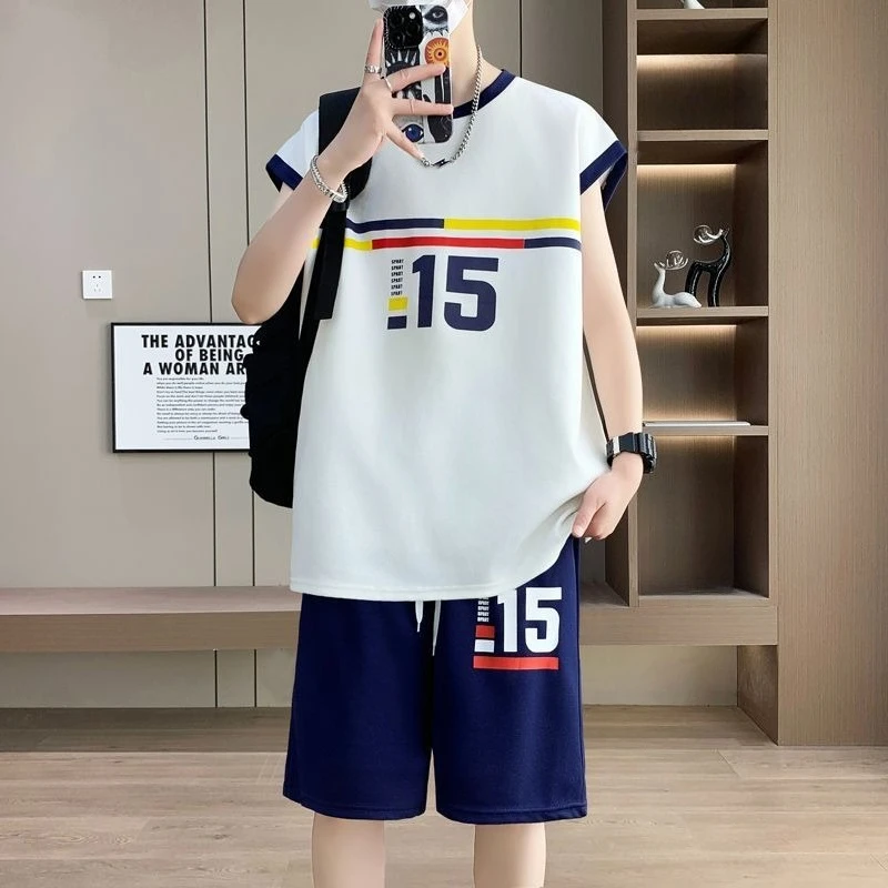 Teen Boys Summer Sportswear Stretchy Breathable Sleeveless Shorts 2PC Set Casual Activewear Color Block Outfits New Arrival