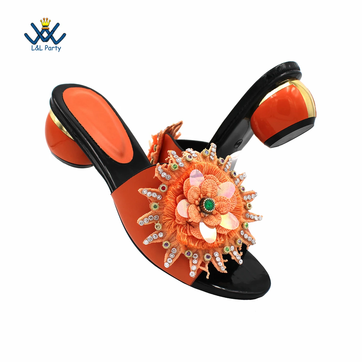 Orange High Quality Peep Toe Slipper wihtout Bag Flowers Design for Nigerian Royal Ladies Wededing Party