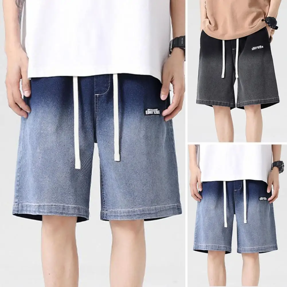 Men Summer Shorts Elastic Waist Drawstring Wide Leg Jeans Short Gradient Color Deep Crotch Pockets Loose Short